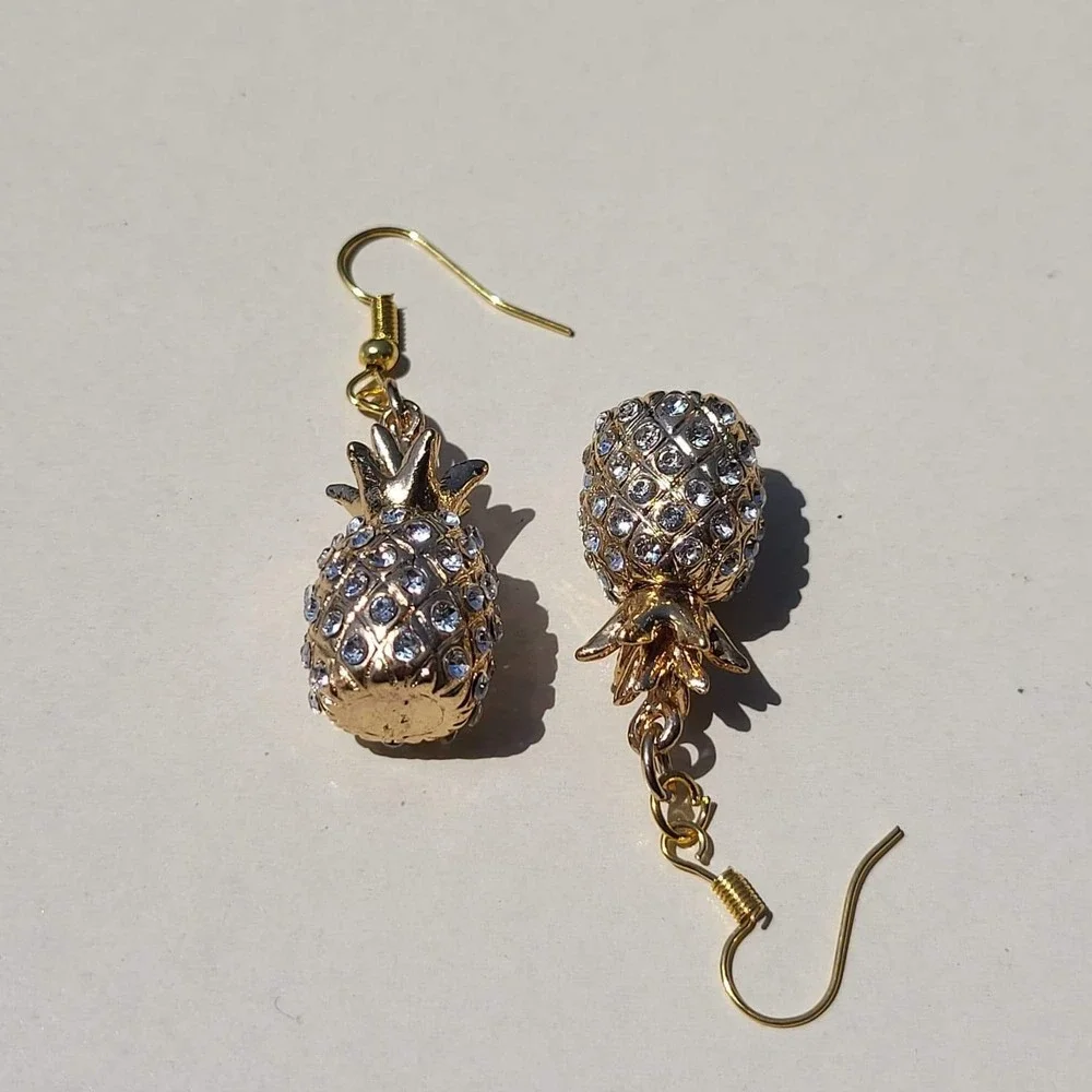 Gold Tone Rhinestone Pineapple Drop Earrings Gold Tropical Kitsch Dangle